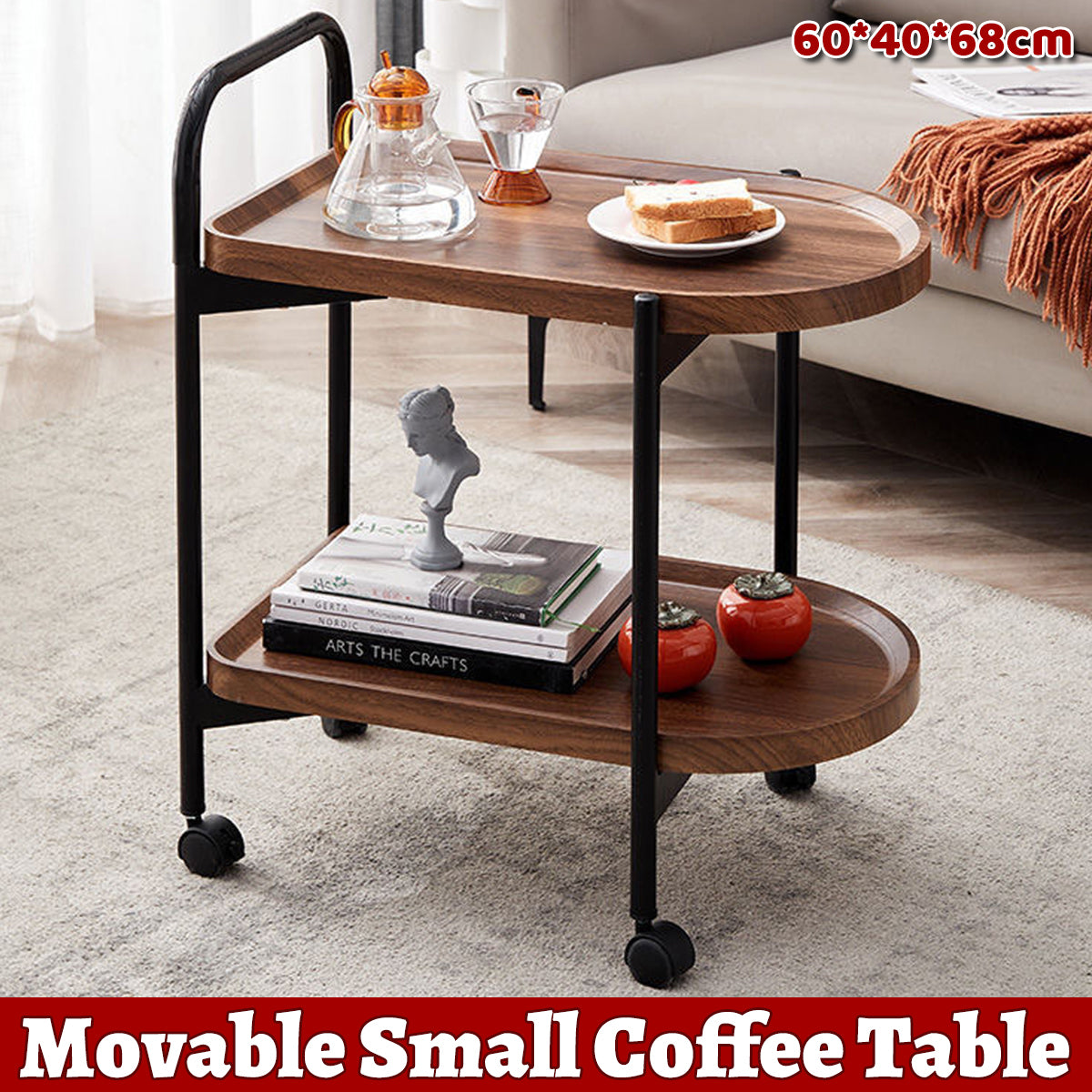 Movable Sofa Side Table Tea Trolley Shelf with Lockable Wheels