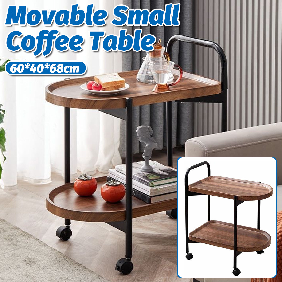 Movable Sofa Side Table Tea Trolley Shelf with Lockable Wheels