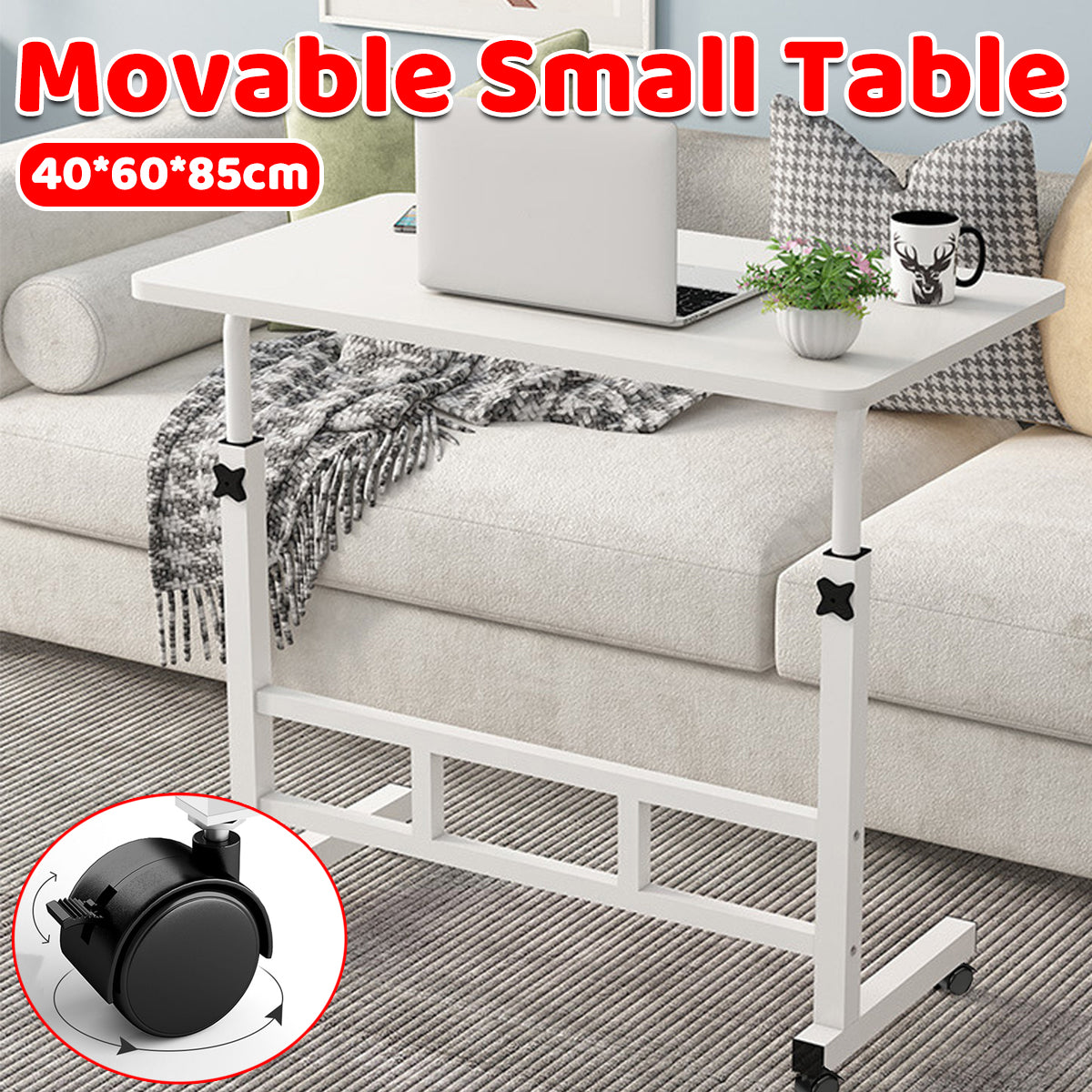 Movable Bedside Table Desk with Adjustable Height White