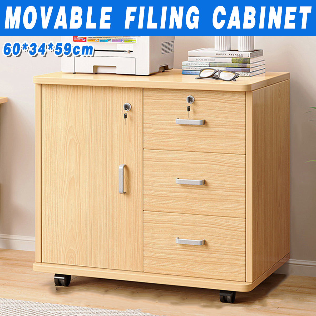 Movable Filing Cabinet with Wheels Locking Doors and Drawers