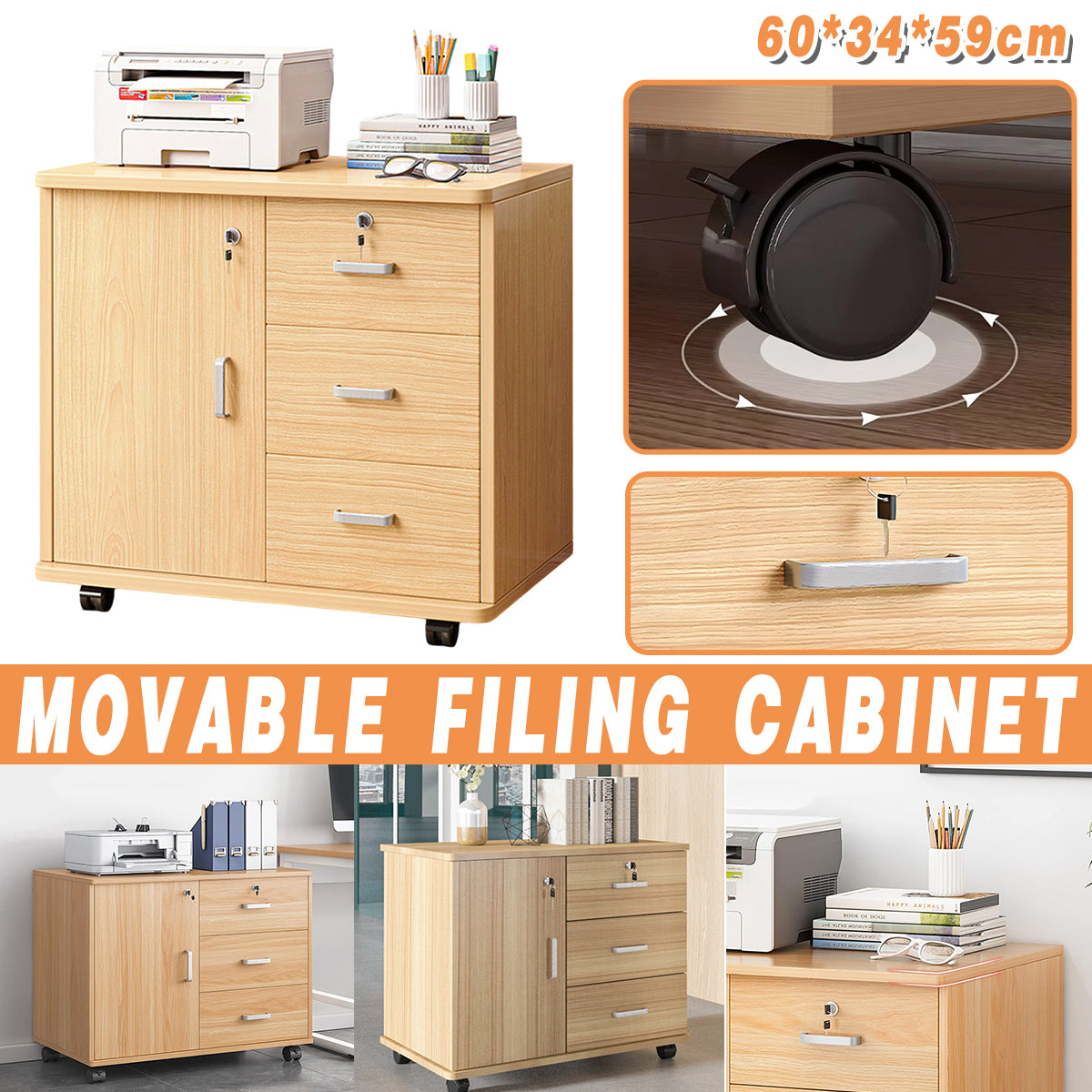 Movable Filing Cabinet with Wheels Locking Doors and Drawers