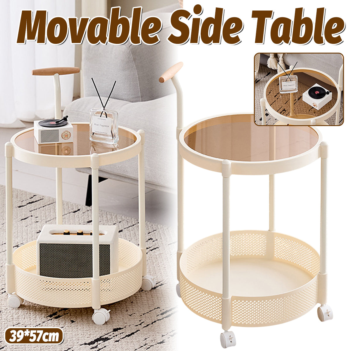 Movable Side Table with Rolling Caster Wheels 2 Tier Design