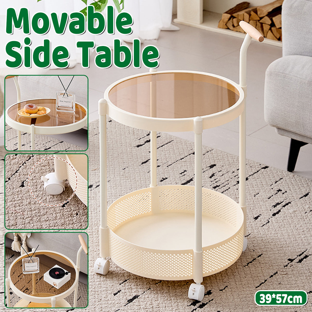 Movable Side Table with Rolling Caster Wheels 2 Tier Design