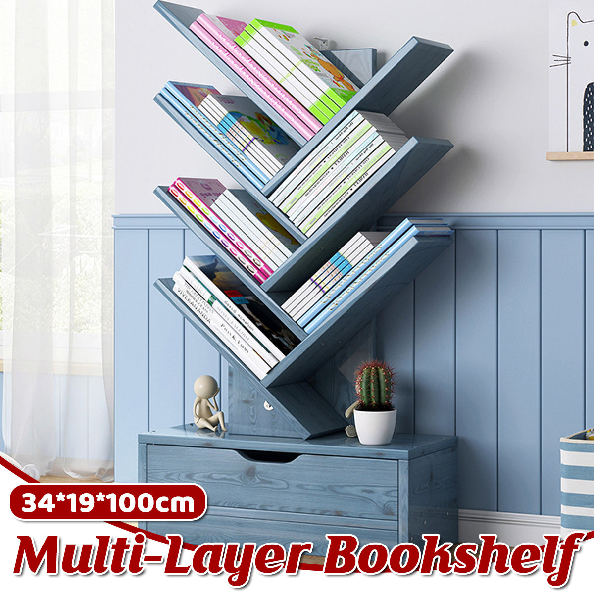 Multi Tier Wooden Bookshelf with Drawer for Home Office