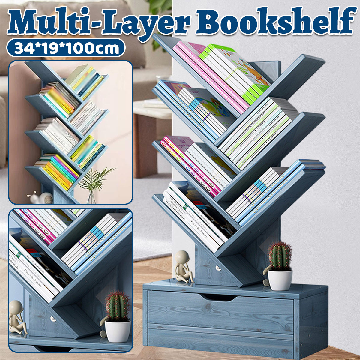 Multi Tier Wooden Bookshelf with Drawer for Home Office