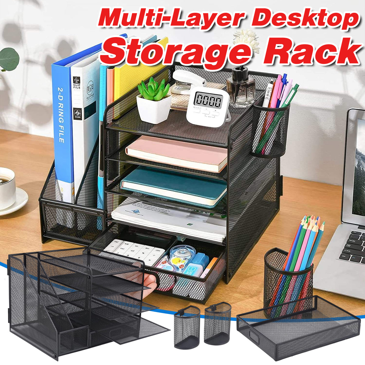 Multi-Tier Desktop File Organizer Metal Mesh Drawer