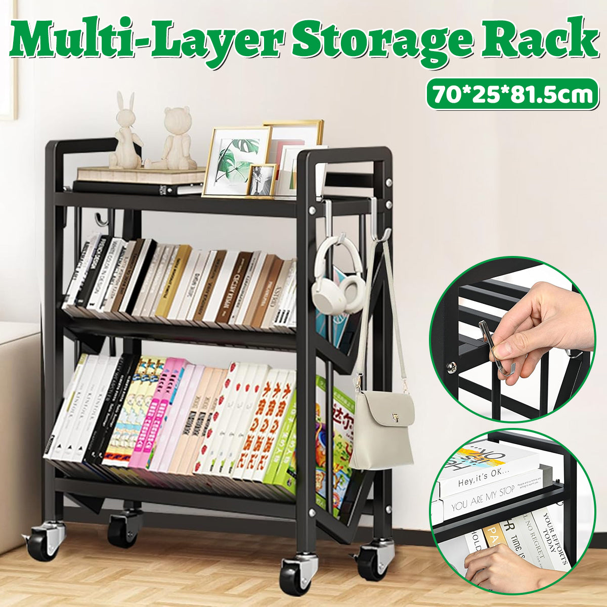 3-Tier Steel Storage Rack Bookshelf Rolling Mobile Home Organizer