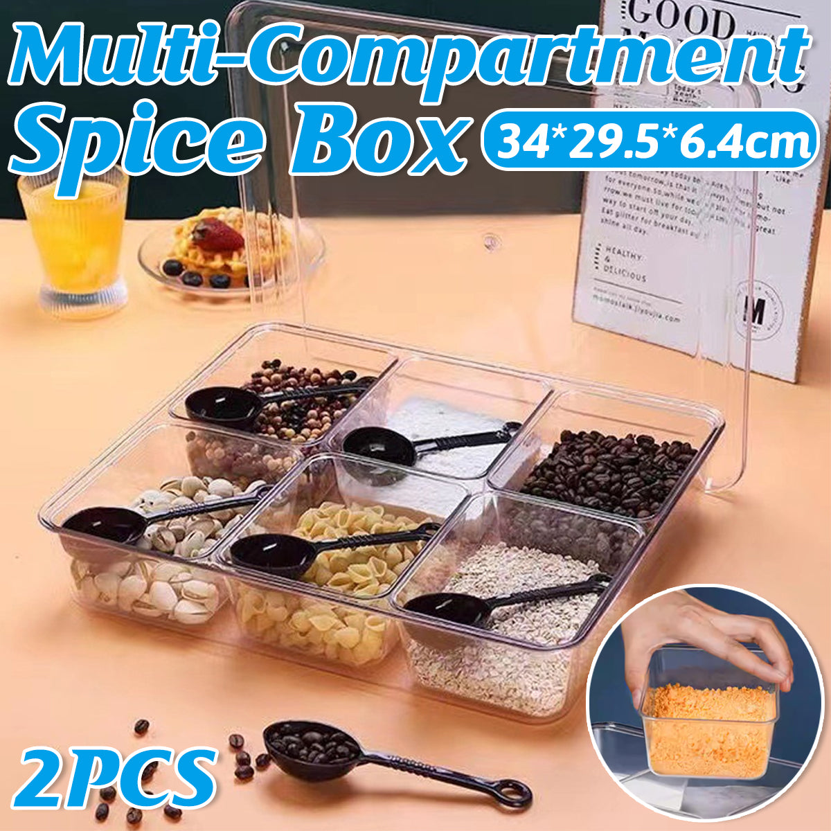 2pcs Clear Spice Container with 6 Compartments