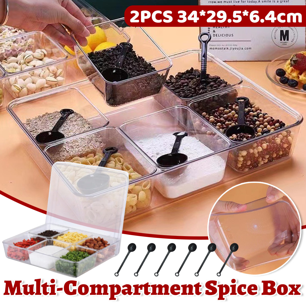 2pcs Clear Spice Container with 6 Compartments