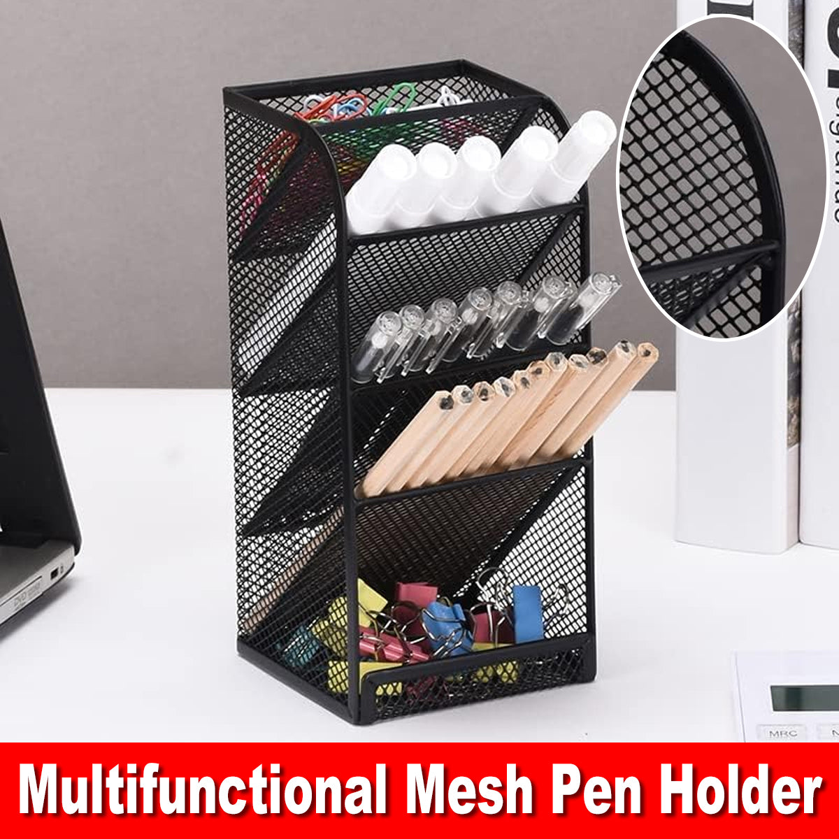 Slanting Pen Holder Desk Organiser 5-Layer Metal Mesh