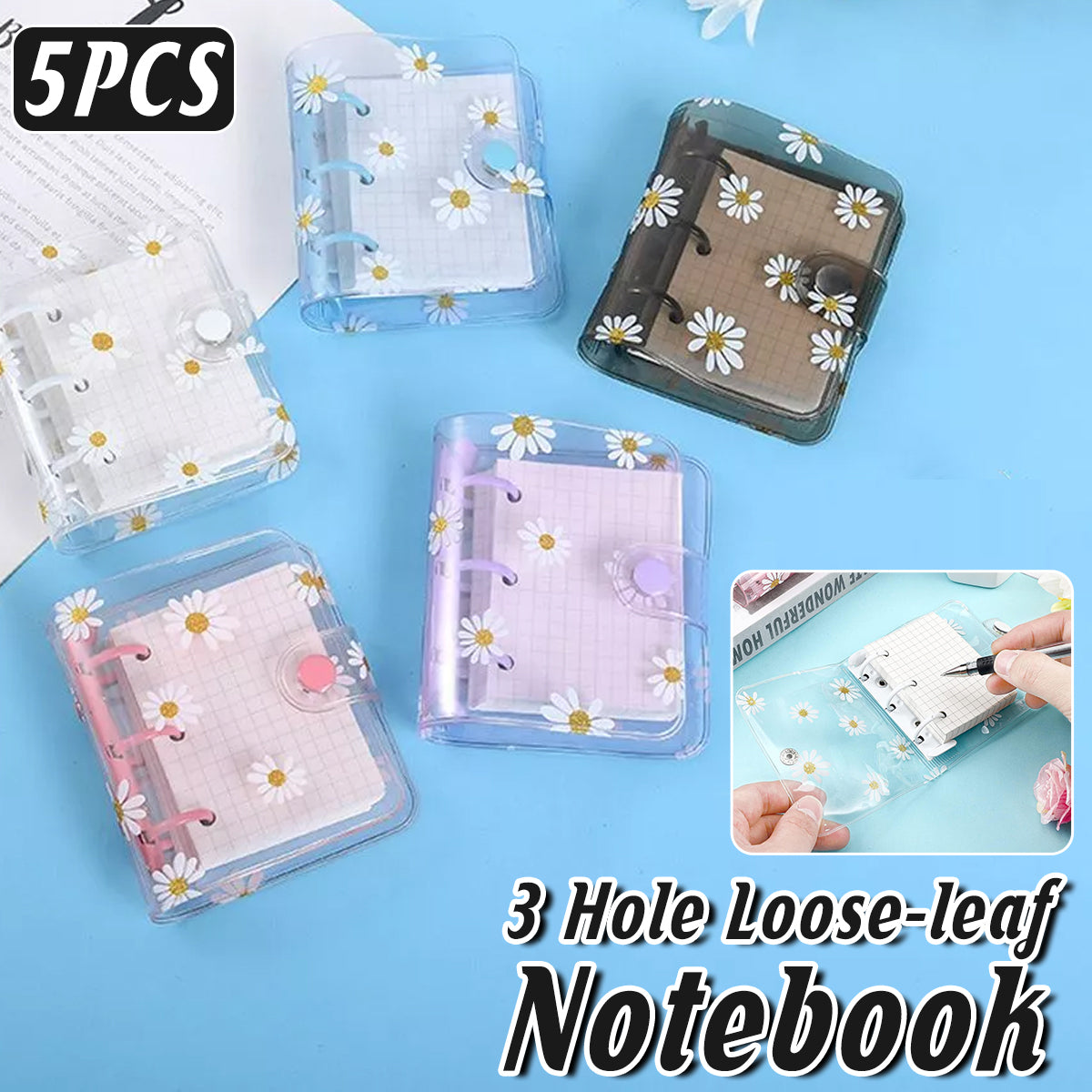 5 Pcs Mini 3-Hole Loose-Leaf Notebooks Clear PVC Daisy Cover