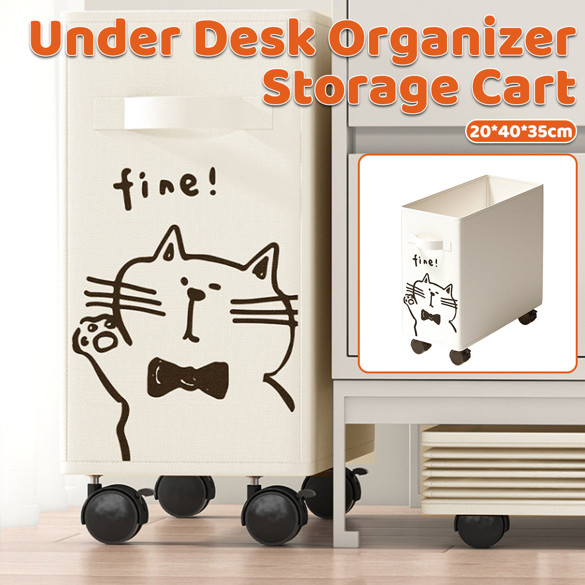 Under Desk Storage Basket Trolley with Lockable Wheels Beige
