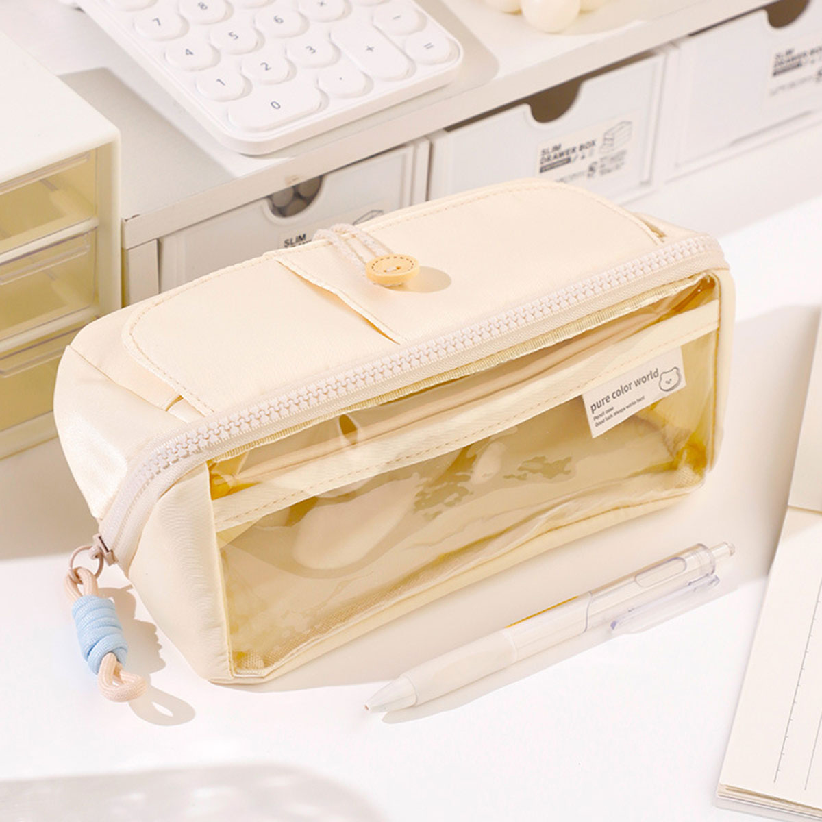 Japanese Style Stationery Bag Large Capacity with Clear Pocket