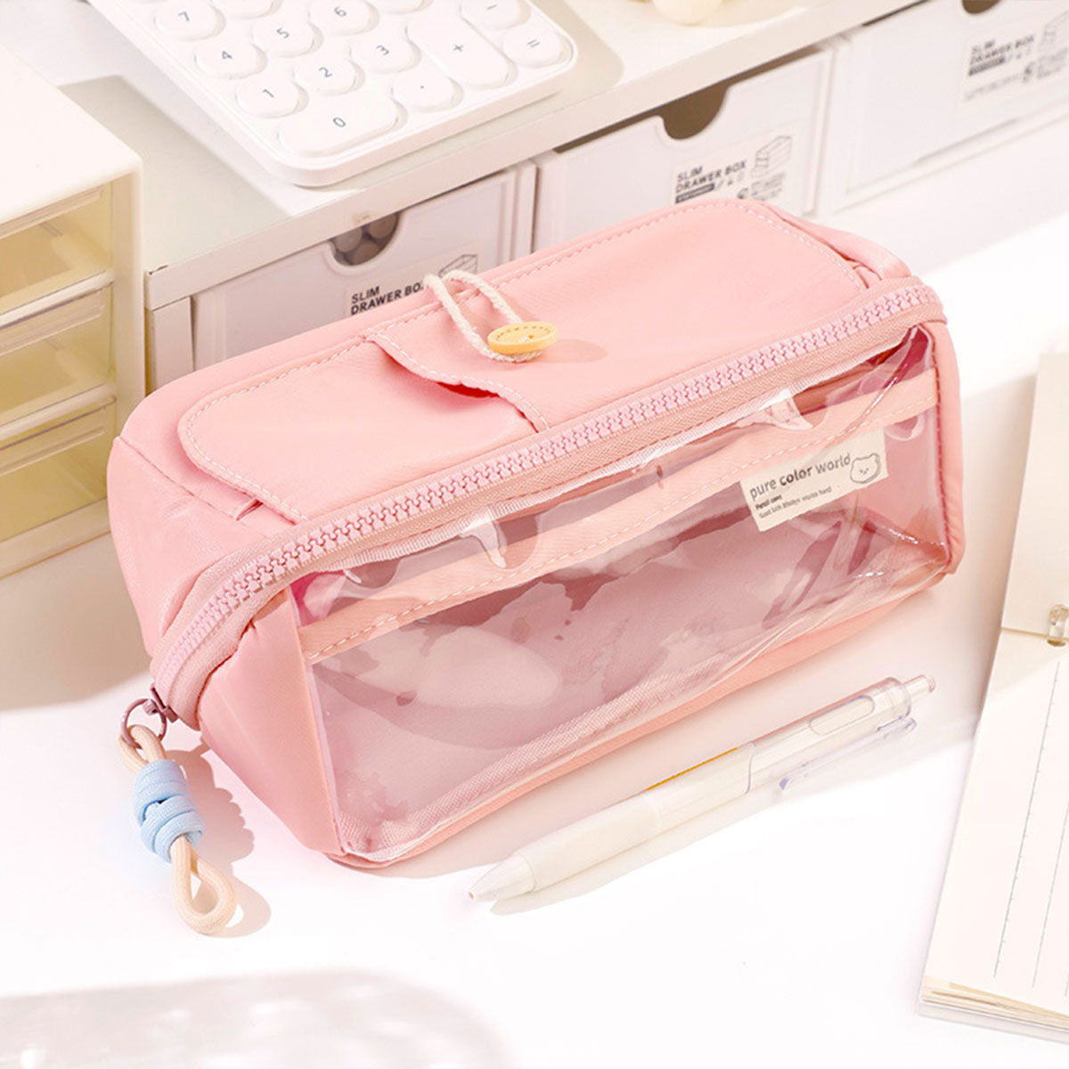 Japanese Style Stationery Bag Large Capacity with Clear Pocket