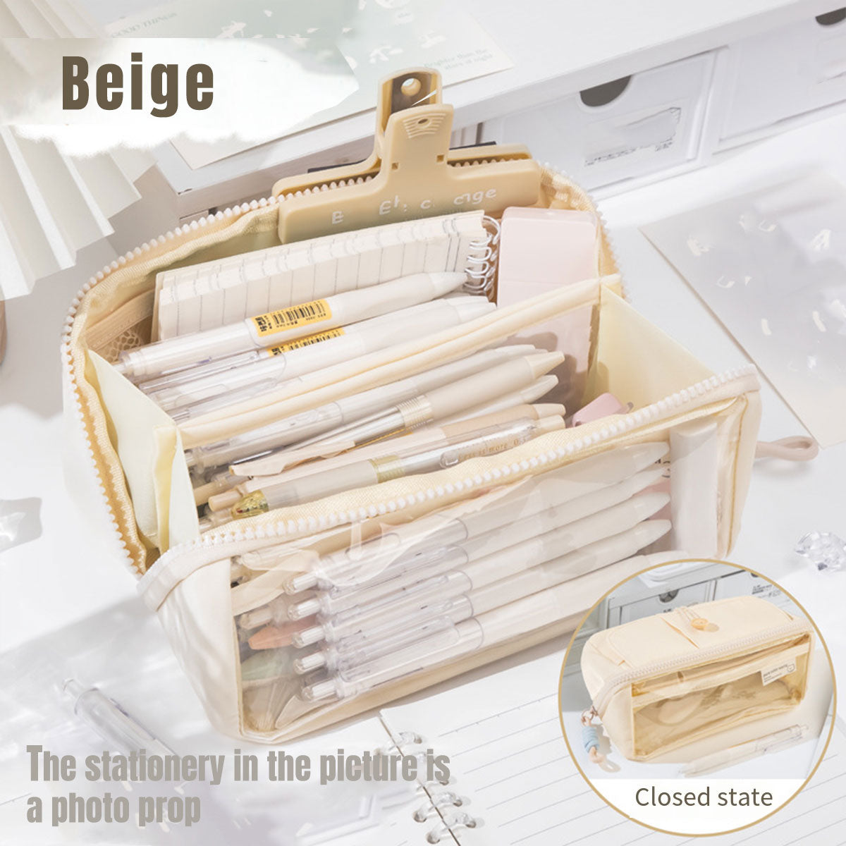 Japanese Style Stationery Bag Large Capacity with Clear Pocket