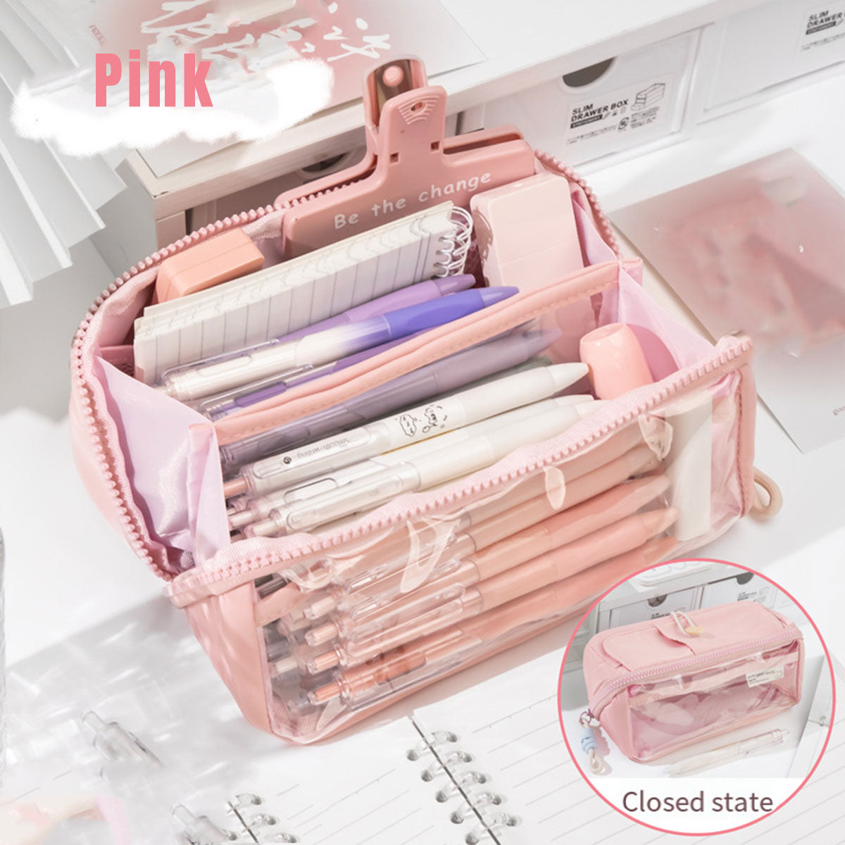 Japanese Style Stationery Bag Large Capacity with Clear Pocket