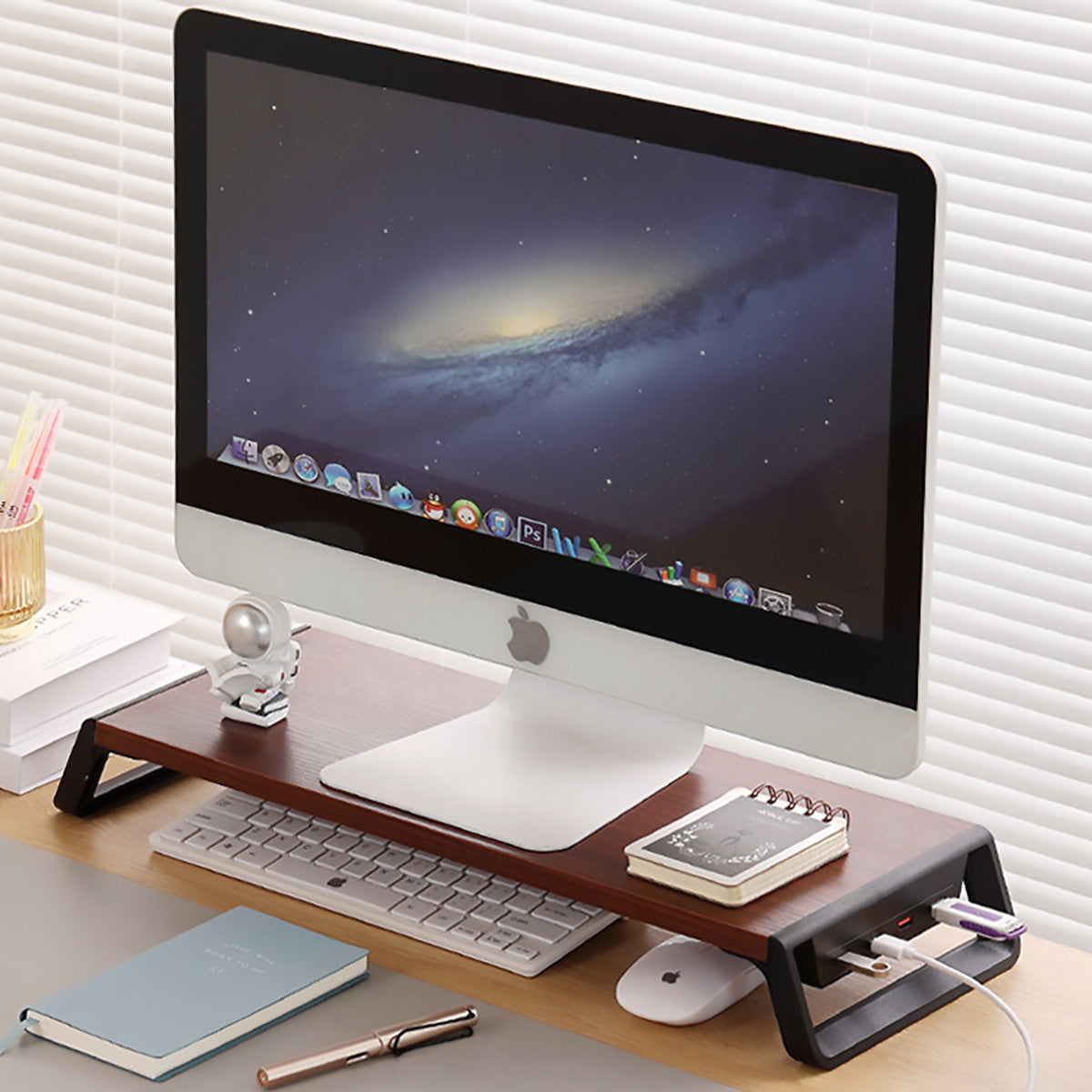 Bamboo Monitor Stand Riser with 4-Port USB Hub