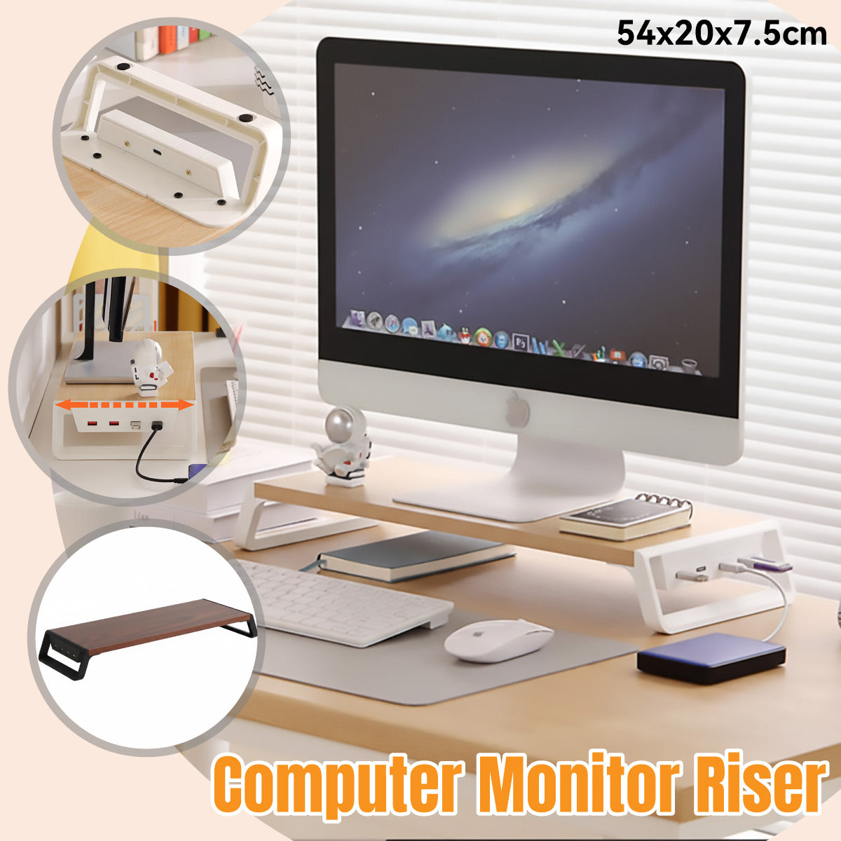 Bamboo Monitor Stand Riser with 4-Port USB Hub