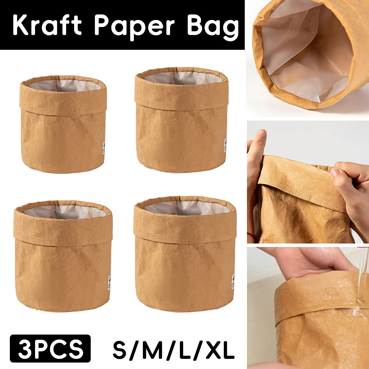 3 Pcs Waterproof Kraft Paper Bags Foldable Storage Design
