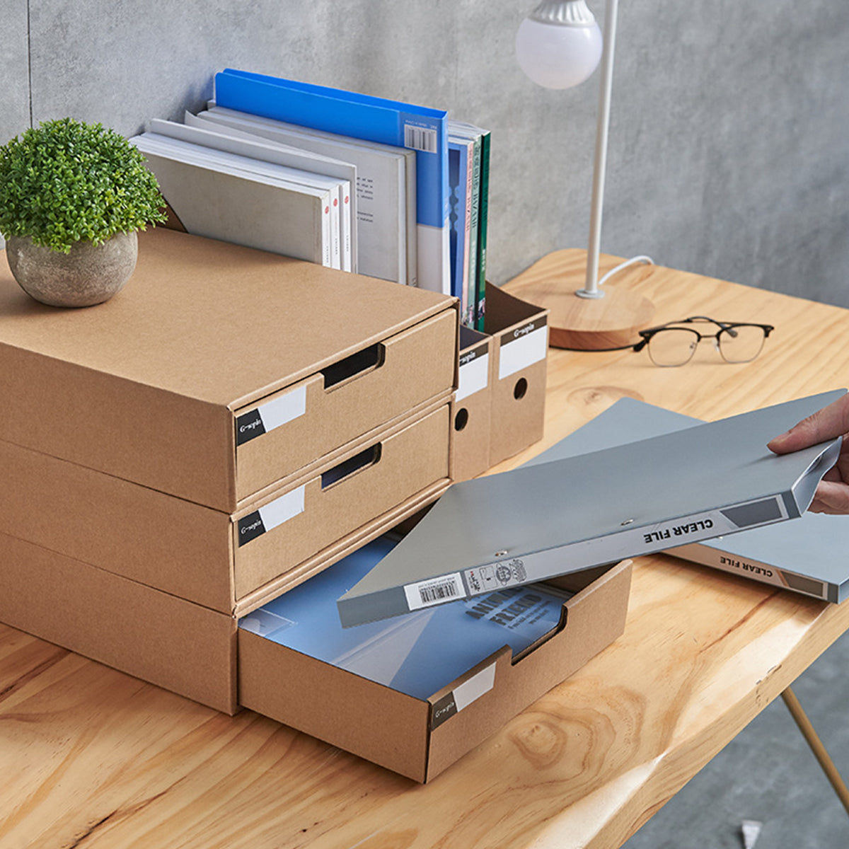 3pcs Kraft Paper Storage Boxes with Pullout Drawer