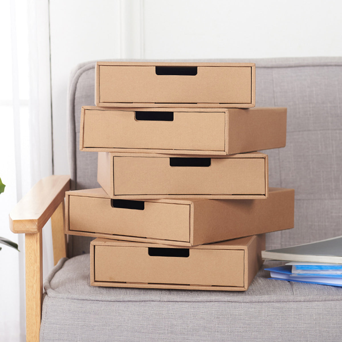 3pcs Kraft Paper Storage Boxes with Pullout Drawer