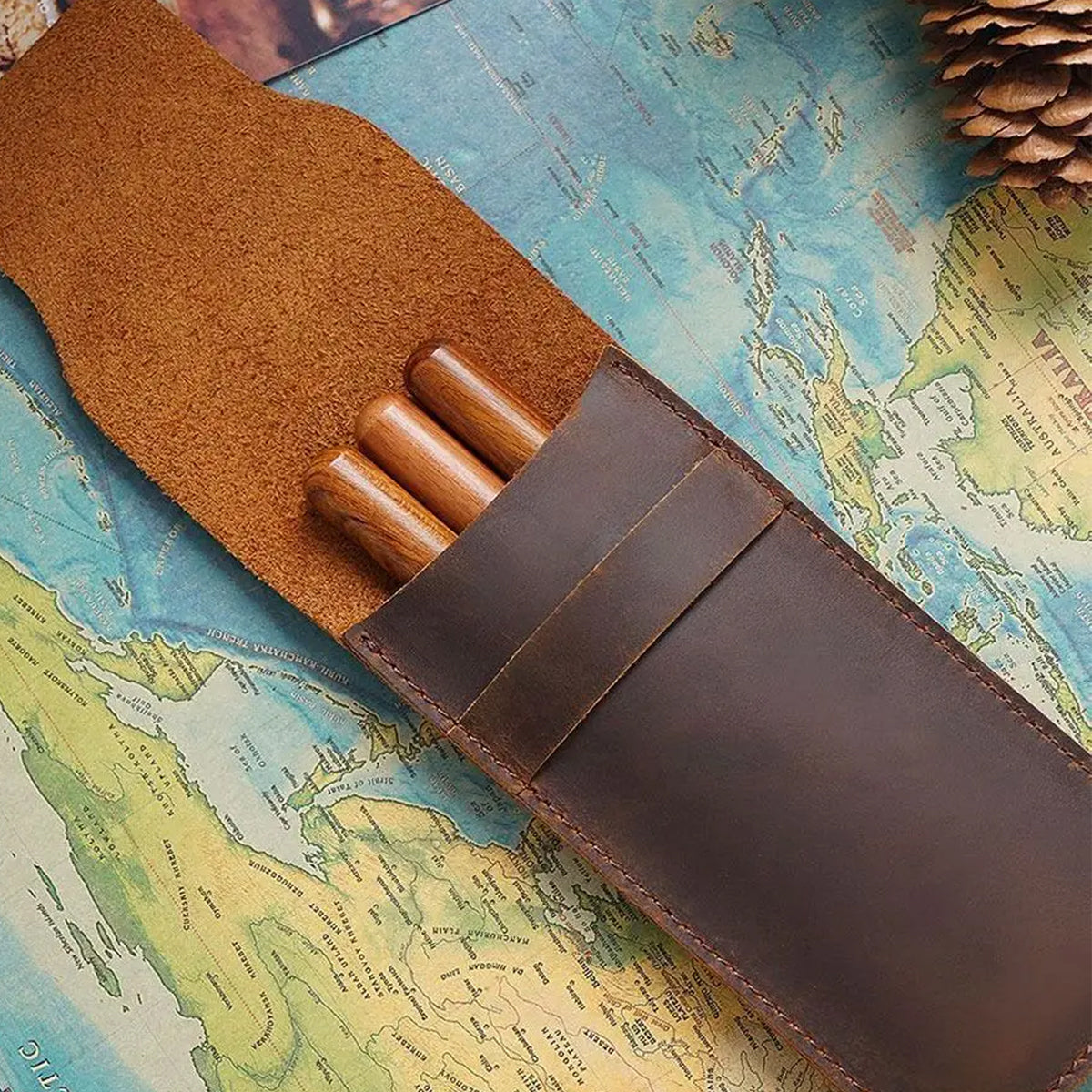 2 Pcs Leather Pencil Case Set, Genuine Cowhide, Coffee and Black