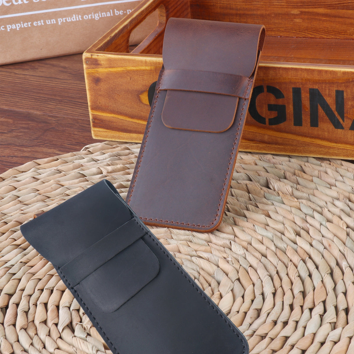 2 Pcs Leather Pencil Case Set, Genuine Cowhide, Coffee and Black