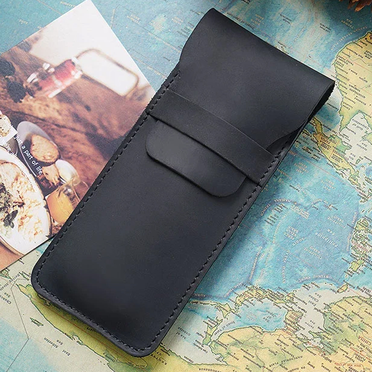 2 Pcs Leather Pencil Case Set, Genuine Cowhide, Coffee and Black