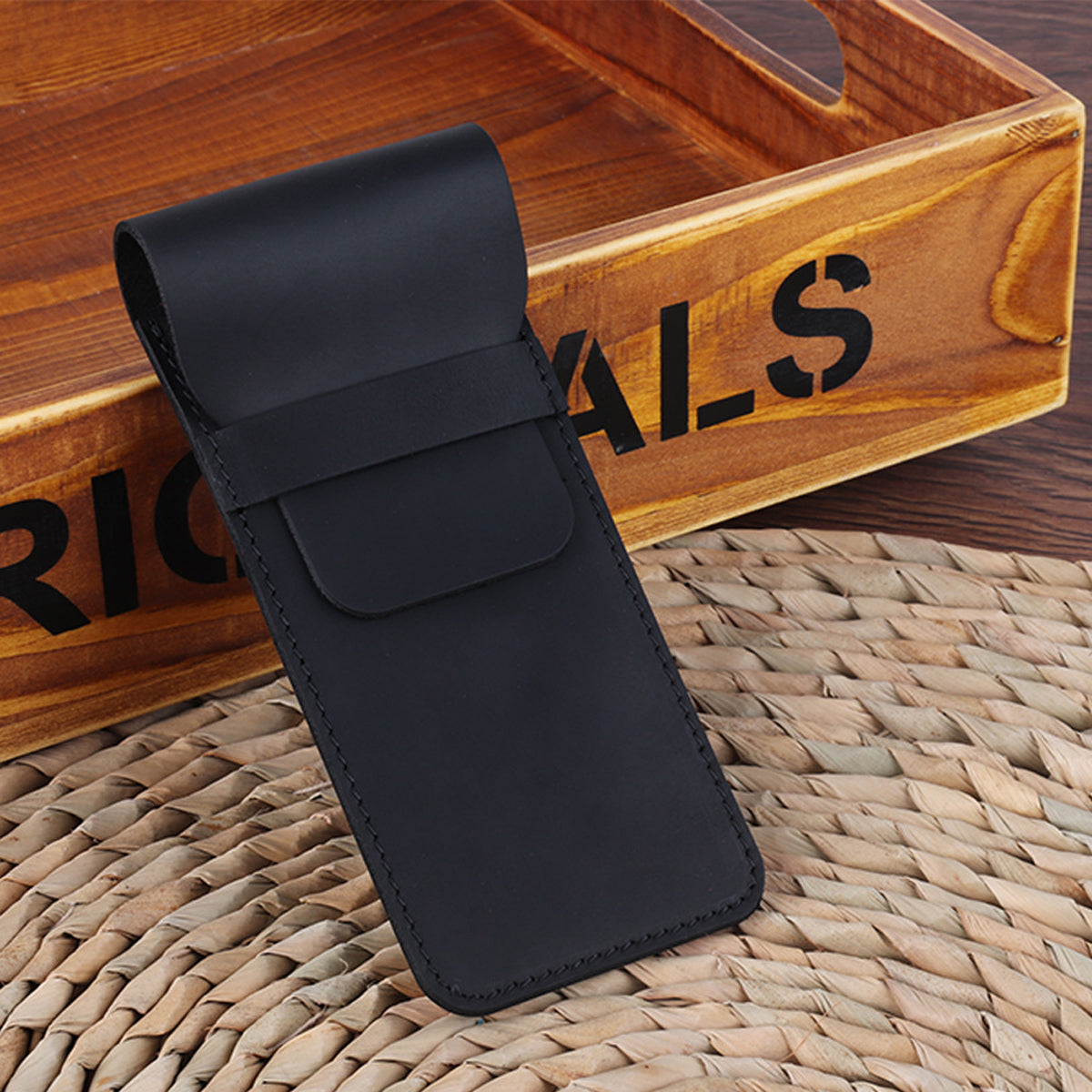 2 Pcs Leather Pencil Case Set, Genuine Cowhide, Coffee and Black