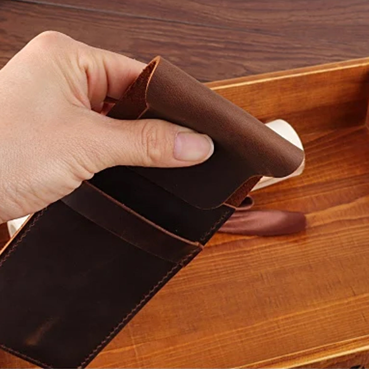 2 Pcs Leather Pencil Case Set, Genuine Cowhide, Coffee and Black