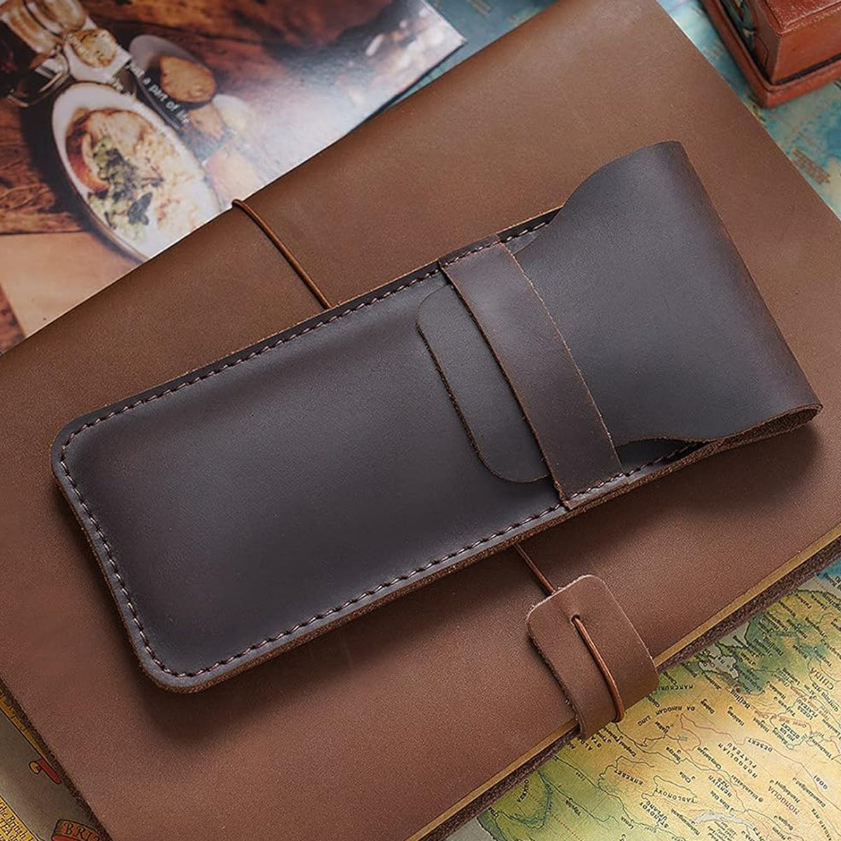 2 Pcs Leather Pencil Case Set, Genuine Cowhide, Coffee and Black