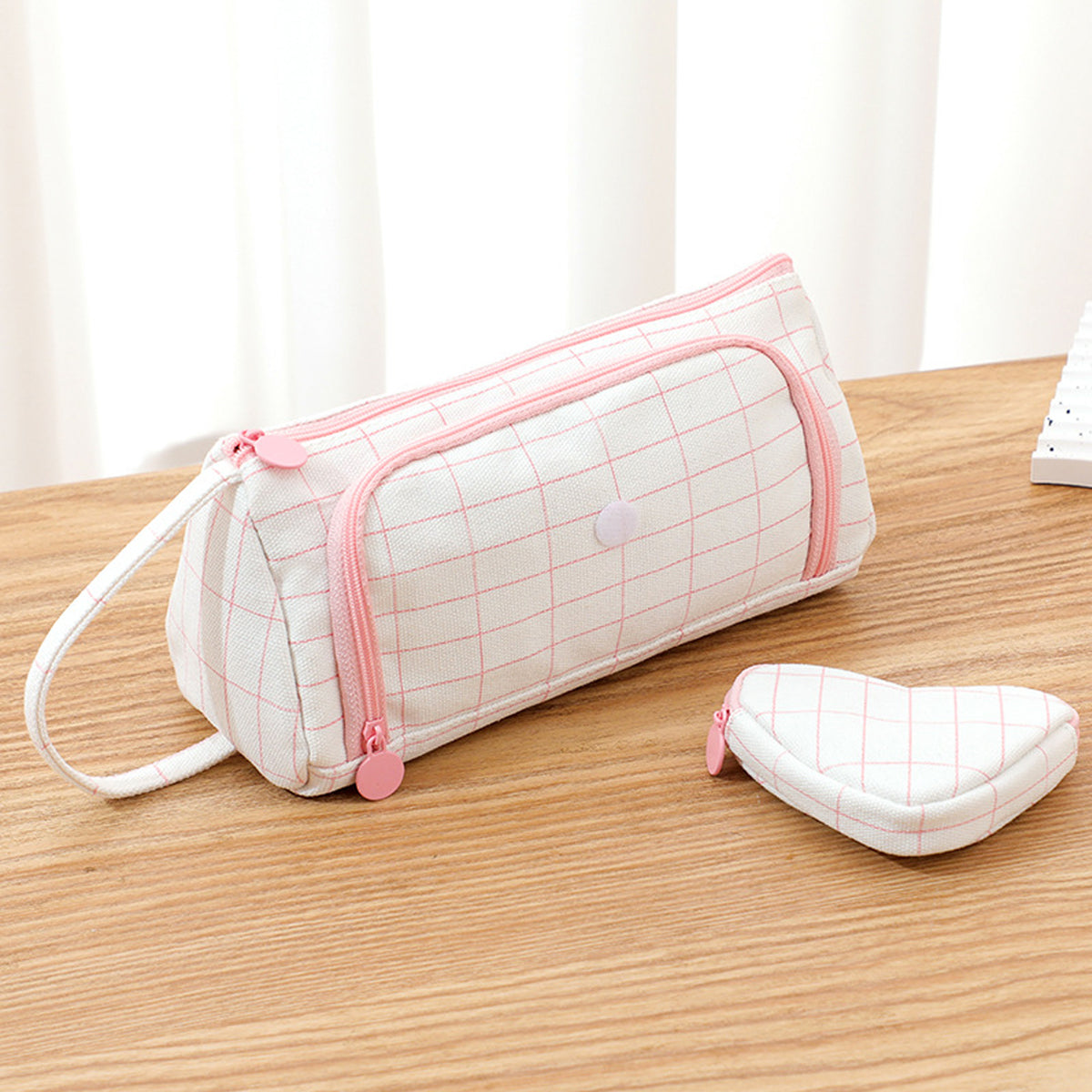 Canvas Pencil Case Large Capacity Plaid Multi-Compartment Handle