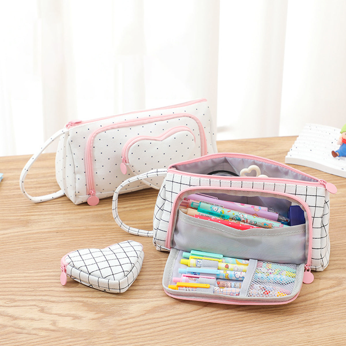 Canvas Pencil Case Large Capacity Plaid Multi-Compartment Handle