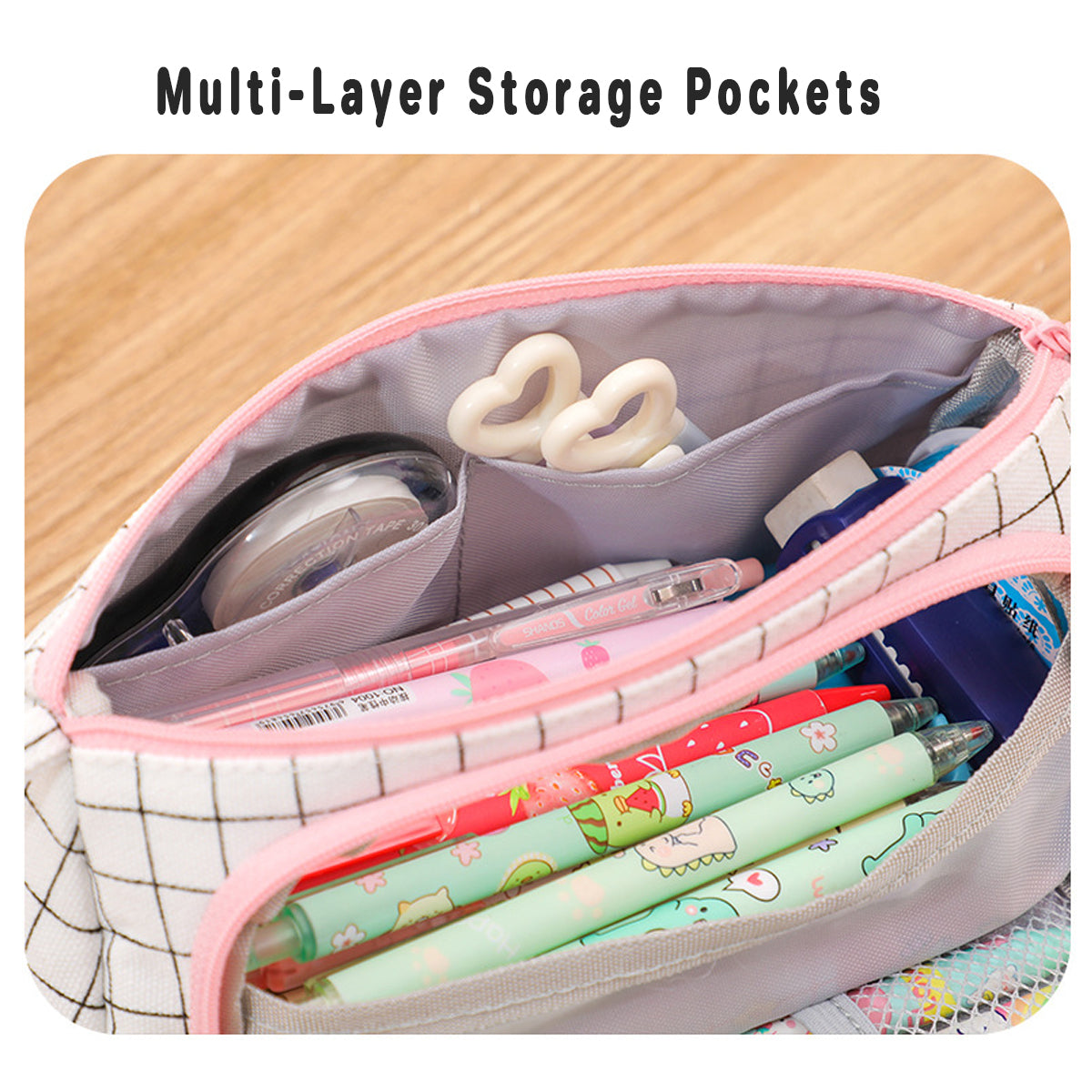 Canvas Pencil Case Large Capacity Plaid Multi-Compartment Handle