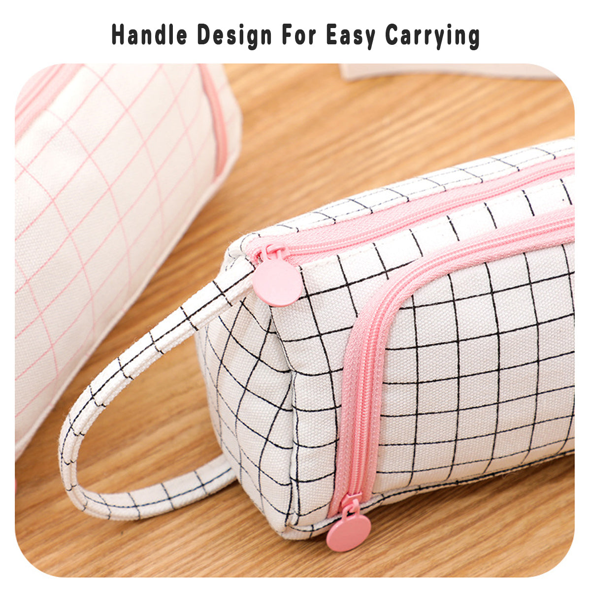 Canvas Pencil Case Large Capacity Plaid Multi-Compartment Handle