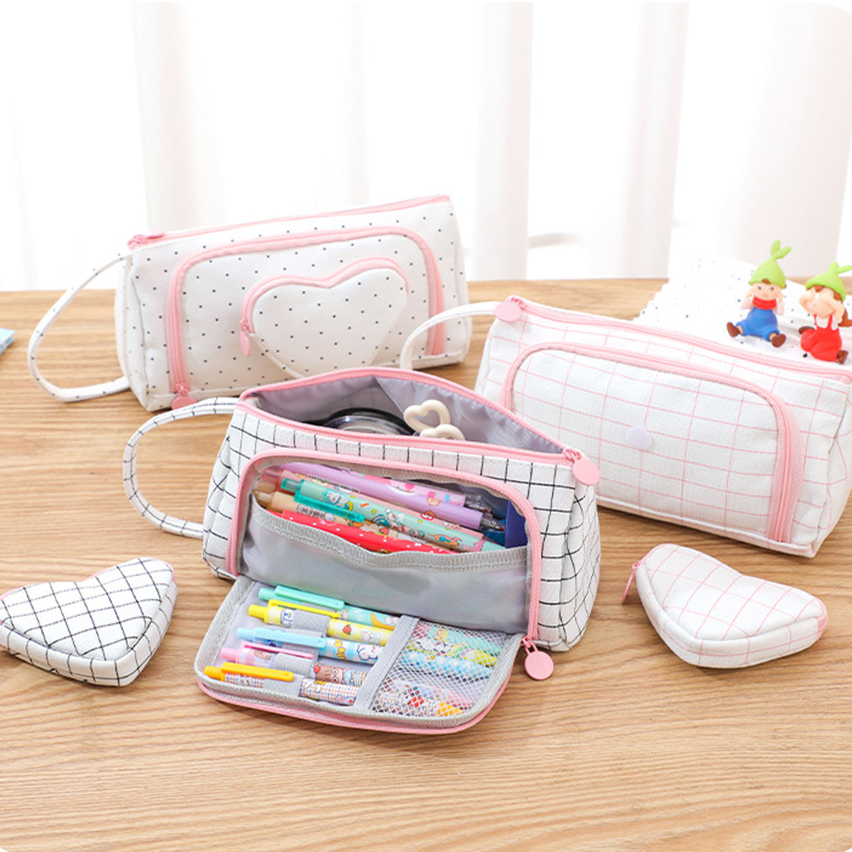 Canvas Pencil Case Large Capacity Plaid Multi-Compartment Handle