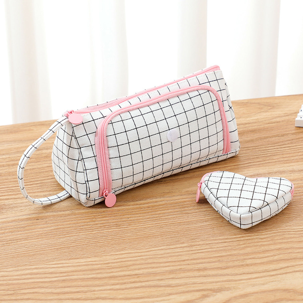 Canvas Pencil Case Large Capacity Plaid Multi-Compartment Handle