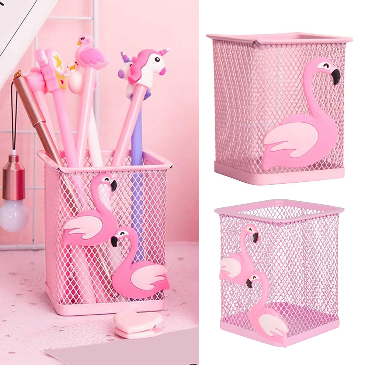 2 Pcs Mesh Pen Holder Flamingo Design Pink Metal Organiser