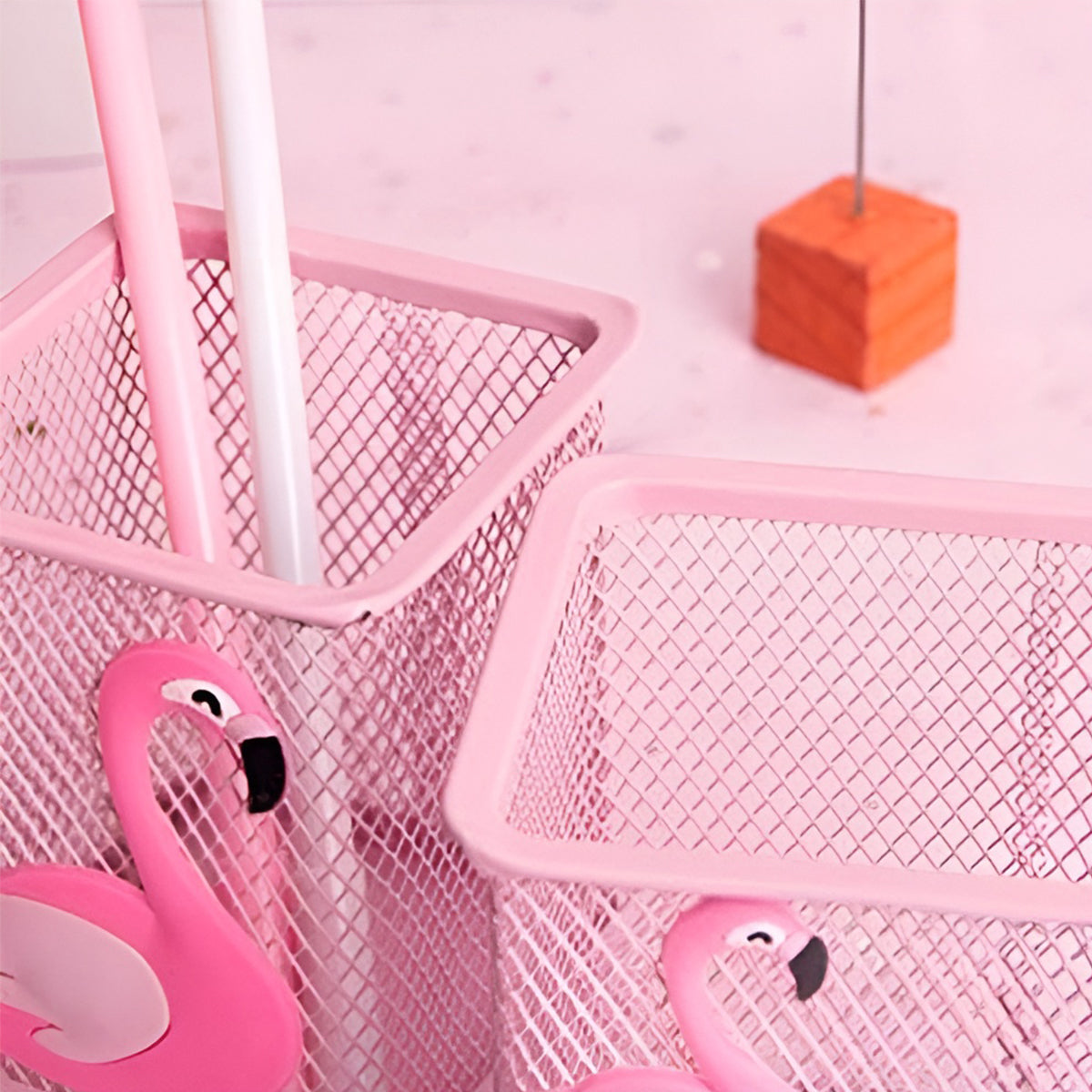 2 Pcs Mesh Pen Holder Flamingo Design Pink Metal Organiser