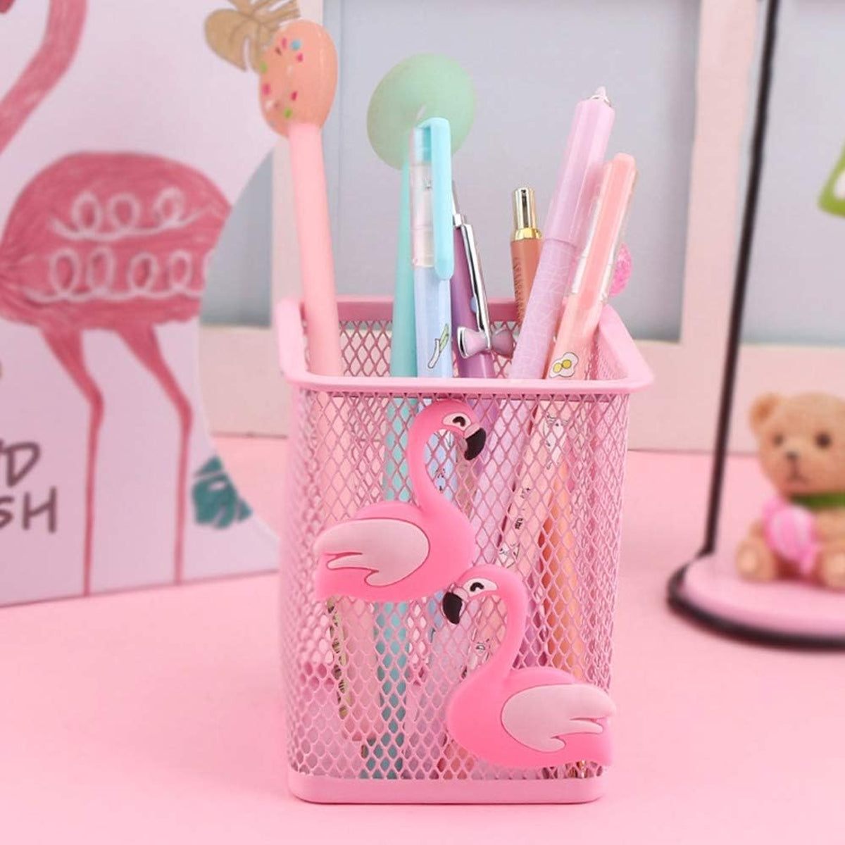 2 Pcs Mesh Pen Holder Flamingo Design Pink Metal Organiser