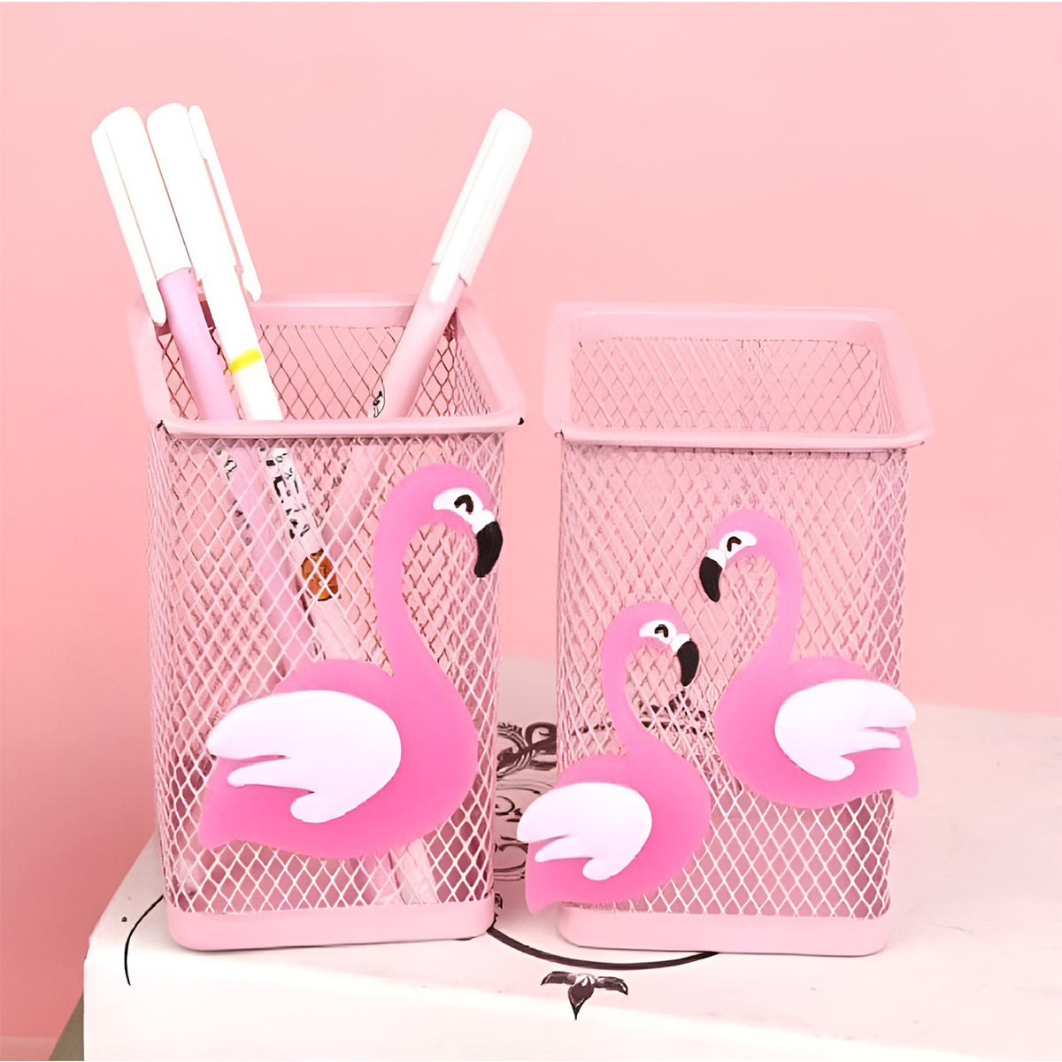 2 Pcs Mesh Pen Holder Flamingo Design Pink Metal Organiser