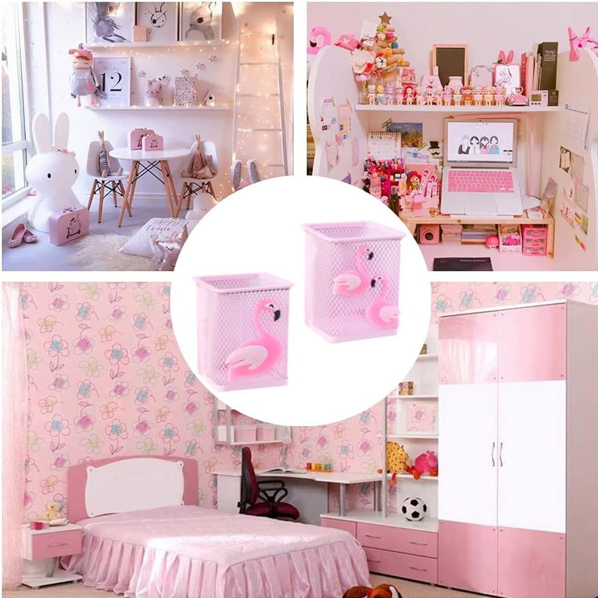 2 Pcs Mesh Pen Holder Flamingo Design Pink Metal Organiser