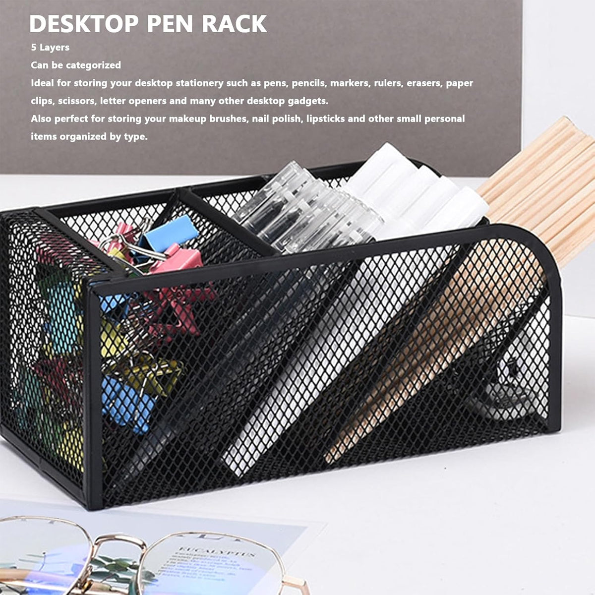 Slanting Pen Holder Desk Organiser 5-Layer Metal Mesh