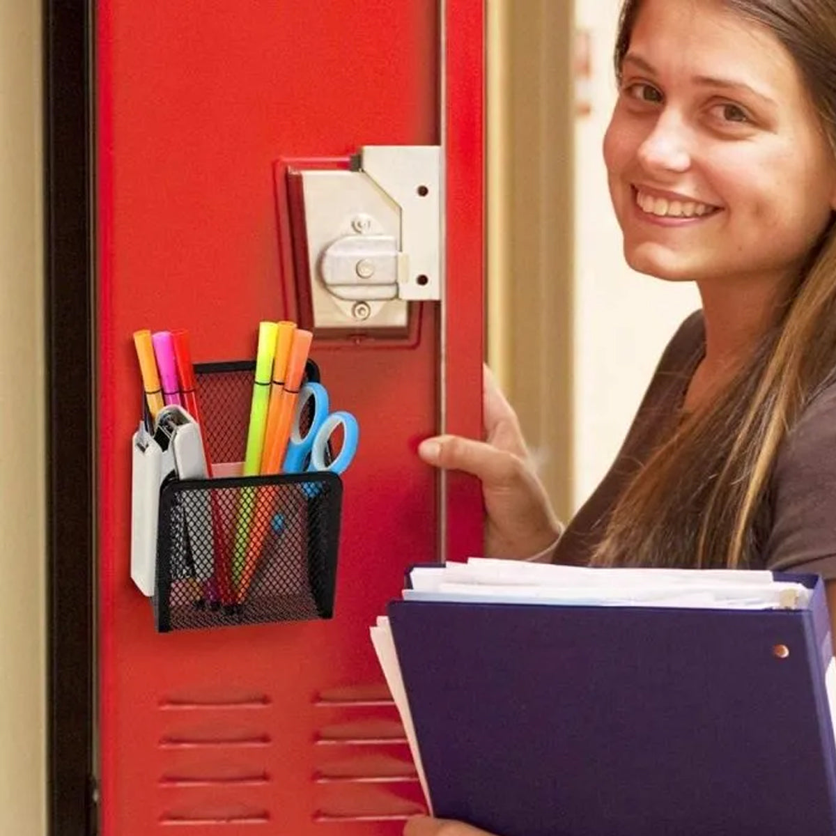 Magnetic Mesh Pen Holder Square Black Iron Desk Organizer