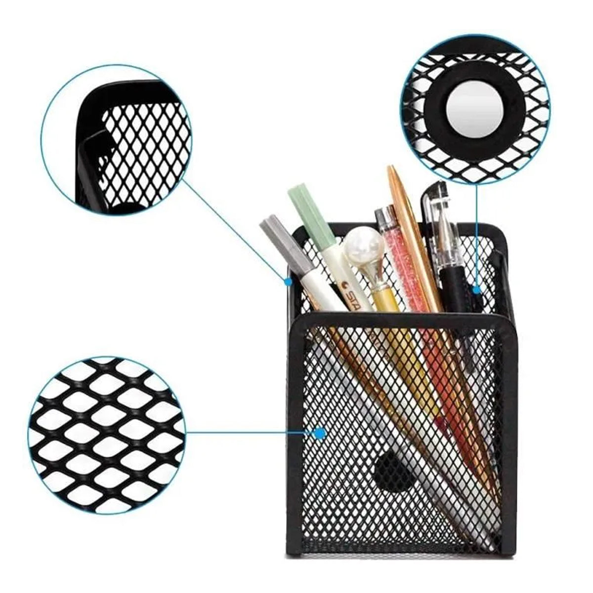 Magnetic Mesh Pen Holder Square Black Iron Desk Organizer