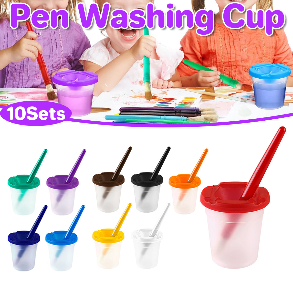 10 Sets Kids Painting Wash Cups with Pig Bristle Brushes