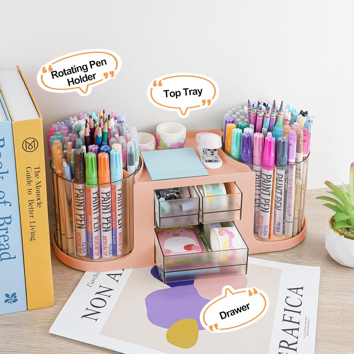 Rotating Pen Holder PS Desk Organizer with 14 Compartments