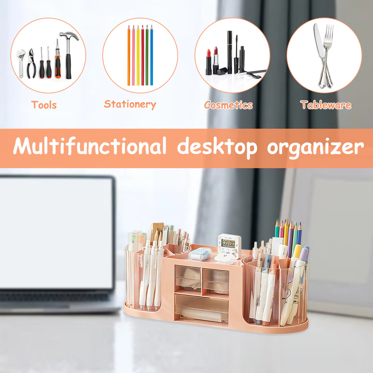 Rotating Pen Holder PS Desk Organizer with 14 Compartments