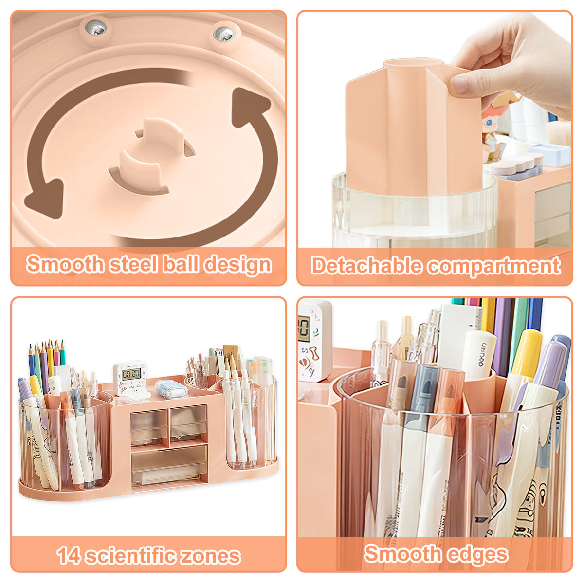 Rotating Pen Holder PS Desk Organizer with 14 Compartments