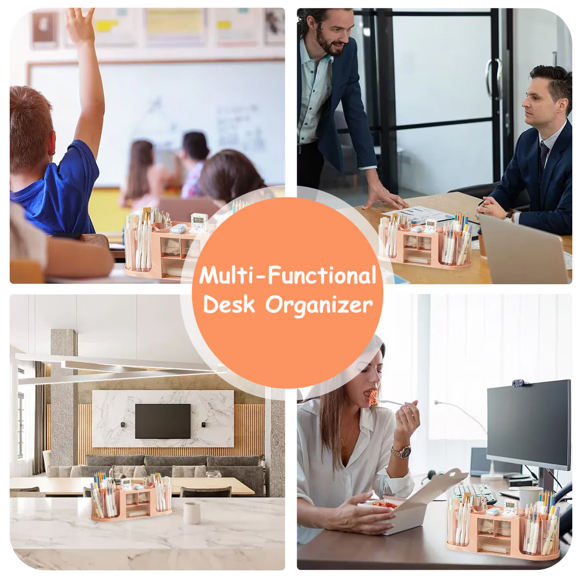 Rotating Pen Holder PS Desk Organizer with 14 Compartments